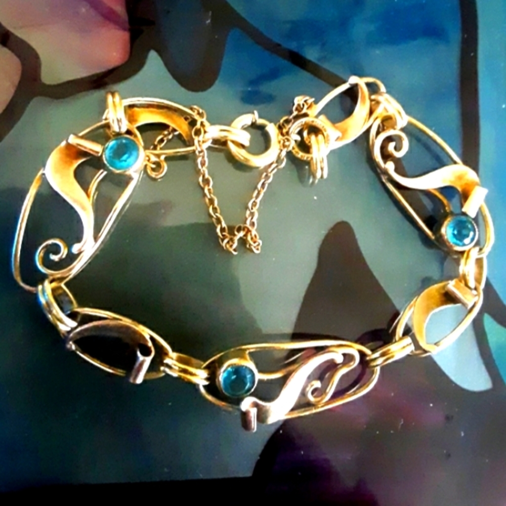 12K Gold Filled Blue Sapphire Art Nouveau Bracelet